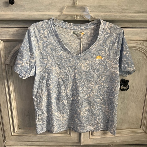 C & C California Blue Vintage Floral Printed Cotton‎ V-Neck - Picture 1 of 4